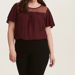Torrid Burgundy Lace Up Trim Mesh Inset Blouse